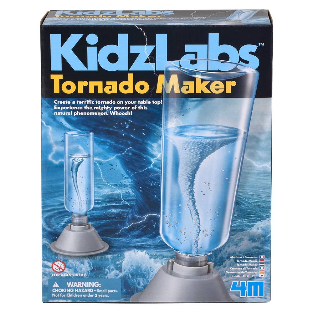 KidzLabs Tornado Maker STEAM toy by The Toy Network showing a clear plastic container with swirling tornado simulation inside.
