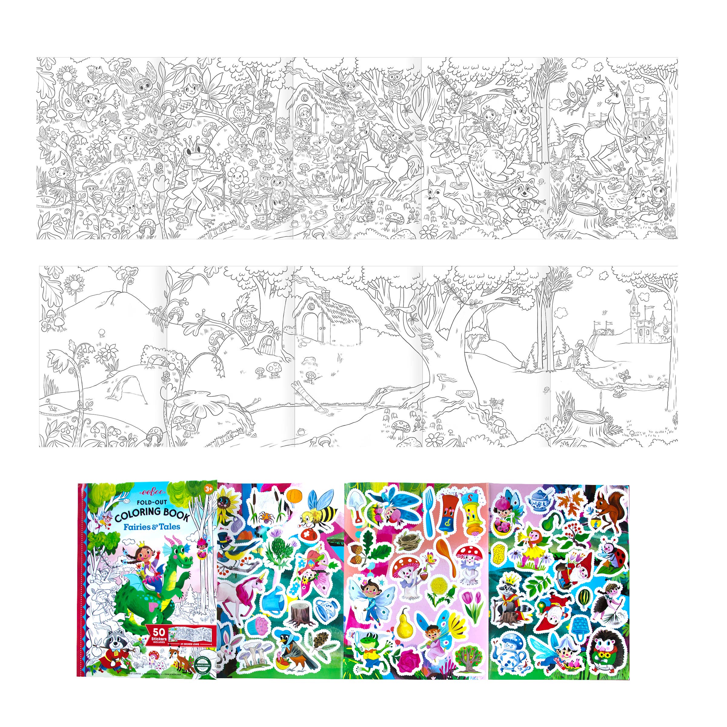 Colorful image of eeBoo Fairies & Tales fold-out coloring book with stickers, featuring whimsical fairy illustrations for arts and crafts.
