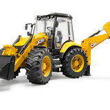 Bruder JCB 5CX backhoe loader toy vehicle with detailed excavator arm and realistic design, suitable for children.