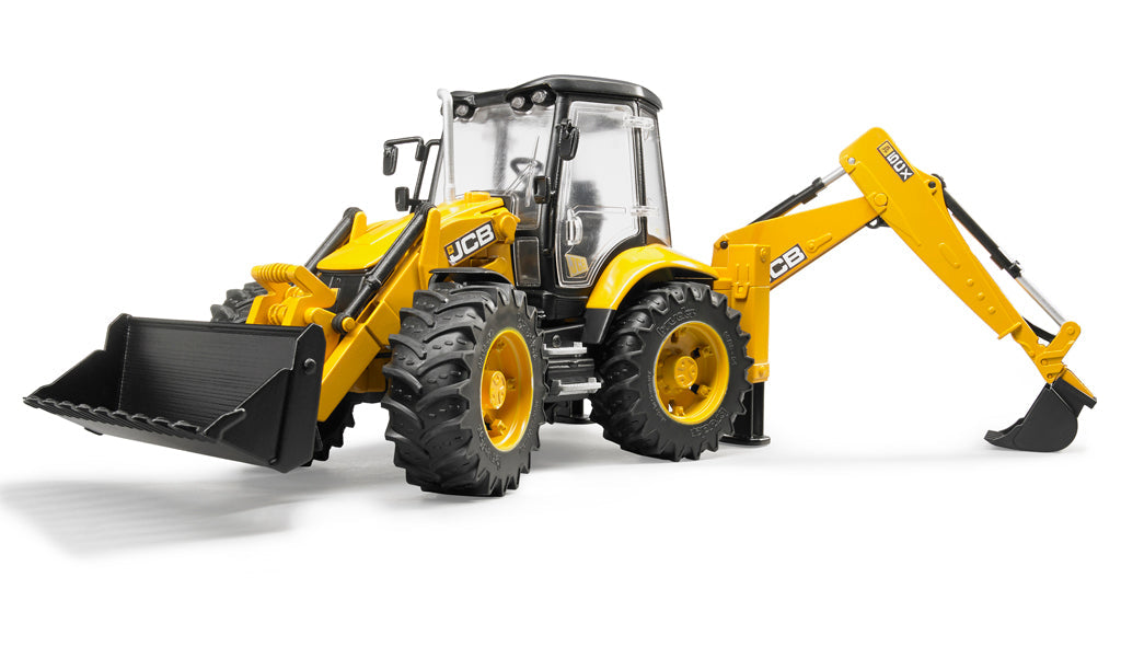 Bruder JCB 5CX backhoe loader toy vehicle with detailed excavator arm and realistic design, suitable for children.