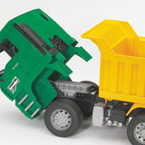 Bruder Man TGA dump truck toy vehicle with realistic details, yellow cab, and open-bed cargo area for children.