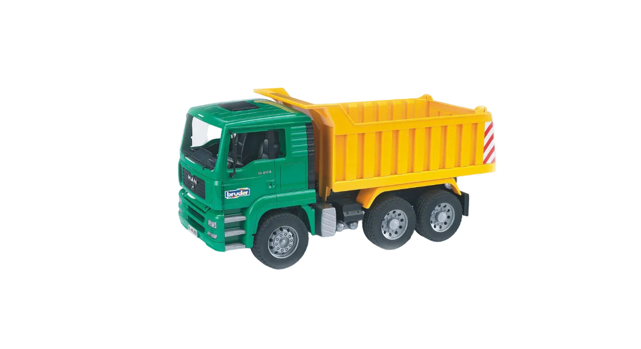 Bruder Man TGA dump truck toy vehicle with open cargo bed and detailed design, suitable for children.