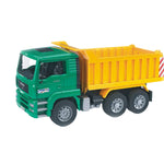 Bruder Man TGA dump truck toy vehicle with open cargo bed and detailed design, suitable for children.
