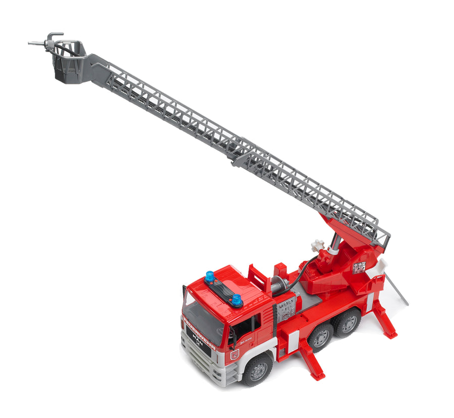 Bruder Man fire engine toy truck with ladder, detailed plastic model for kids' play, in red with realistic features.