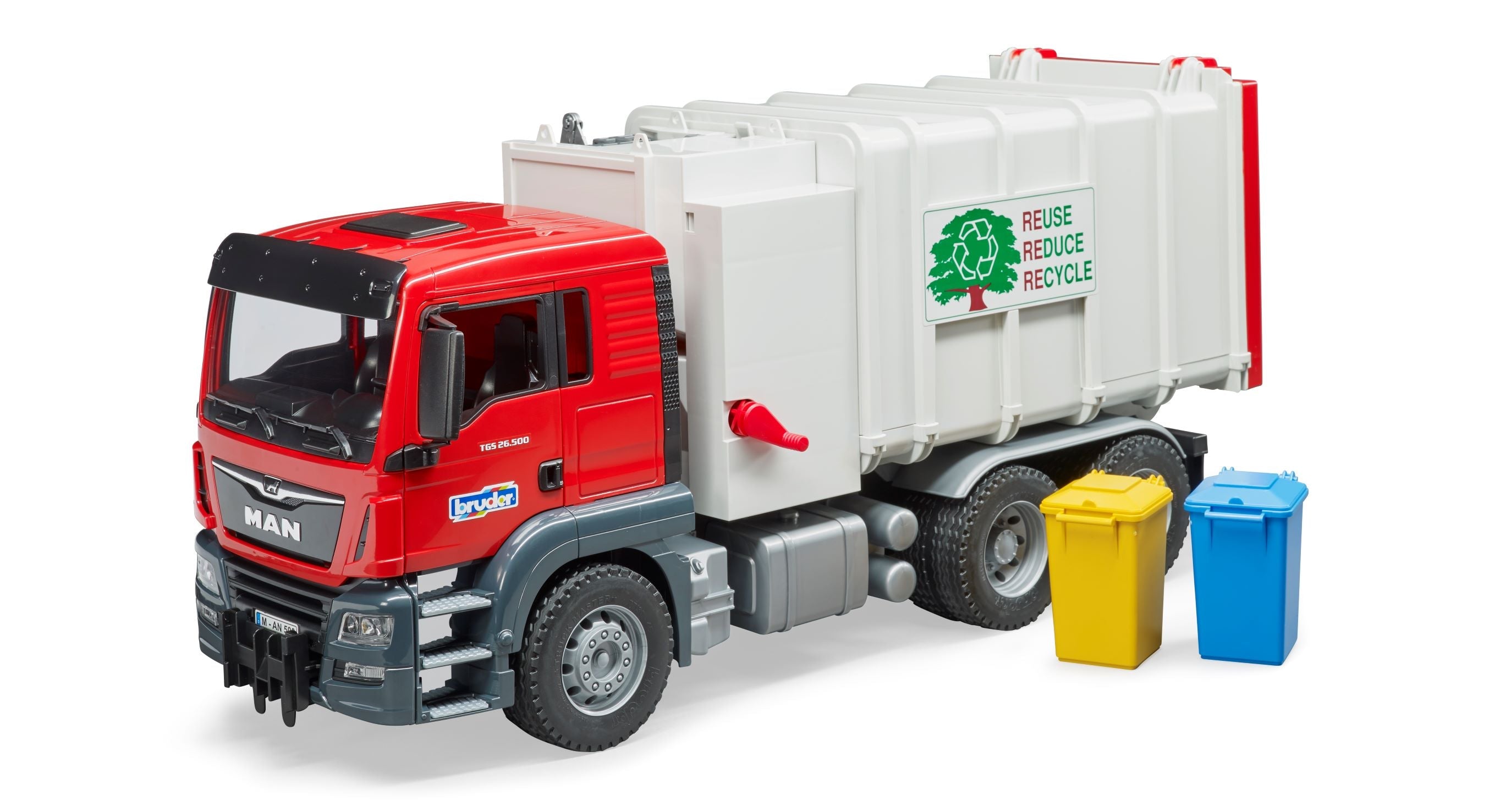 Bruder Man TGS side loading garbage truck toy vehicle with detailed design and realistic features for children.