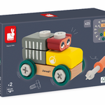 Janod Construction Bear Car building set with colorful wooden blocks and toy bear figure for creative play.