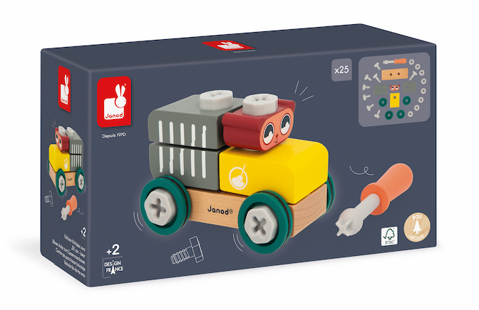 Janod Construction Bear Car building set with colorful wooden blocks and toy bear figure for creative play.