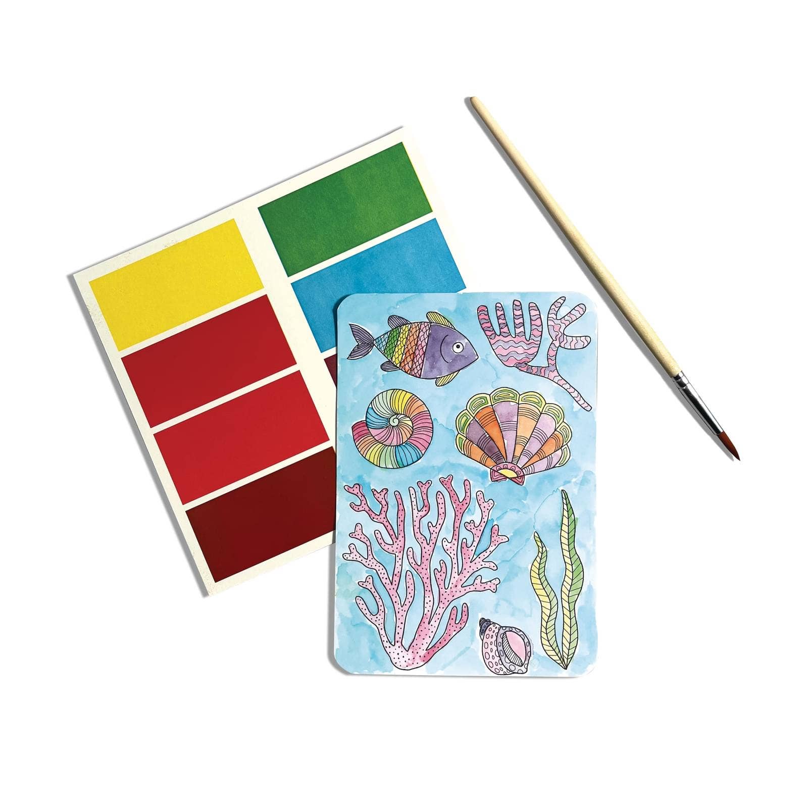 Ocean Watercolor Postcard Kit from OOLY, arts and crafts set with watercolor postcards and paints for creative ocean-themed art projects.