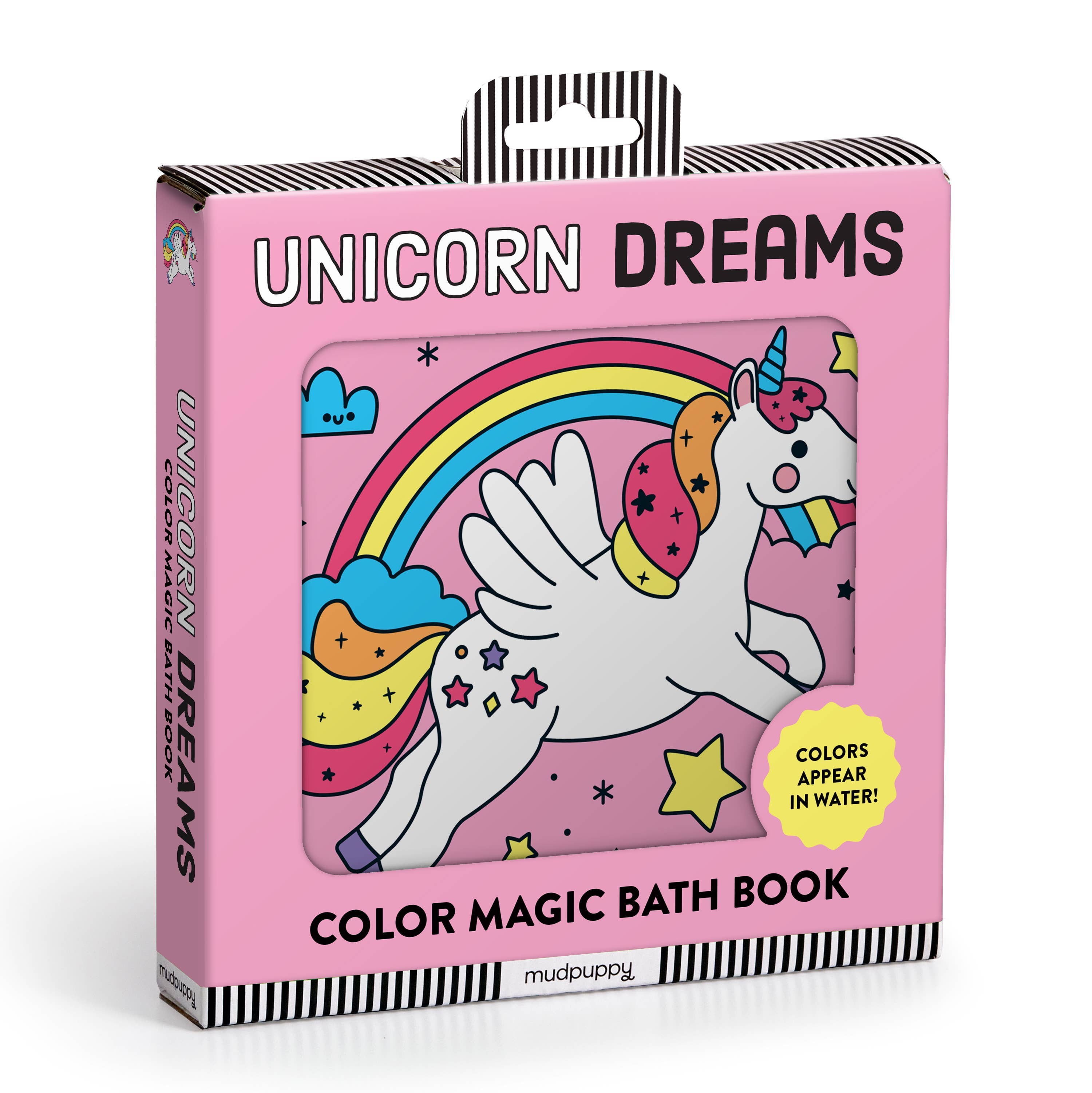 Baby enjoying the Unicorn Dreams Color Magic Bath Book by Mudpuppy with colorful unicorn illustrations in the bath.