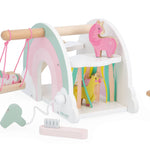 Janod Unicorn Rainbow House pretend play toy with colorful rainbow and unicorn design for imaginative kids' play.