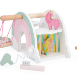 Janod Unicorn Rainbow House pretend play toy with colorful rainbow and unicorn design for imaginative kids' play.