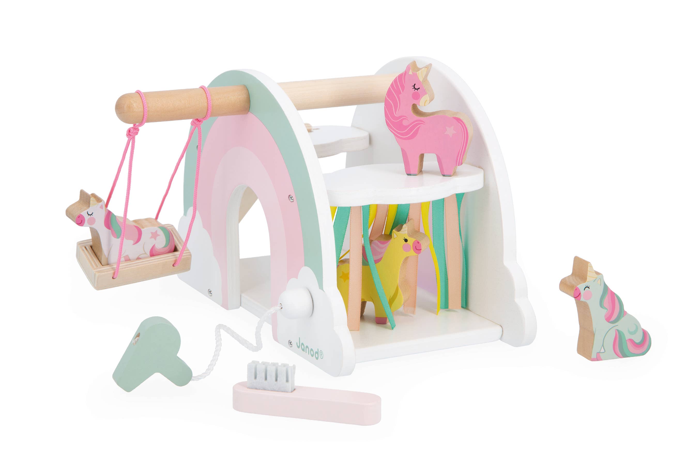Janod Unicorn Rainbow House pretend play toy with colorful rainbow and unicorn design for imaginative kids' play.