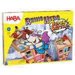 Rhino Hero Tower stacking game by HABA USA featuring colorful wooden superhero characters and a tall, balanced building structure.