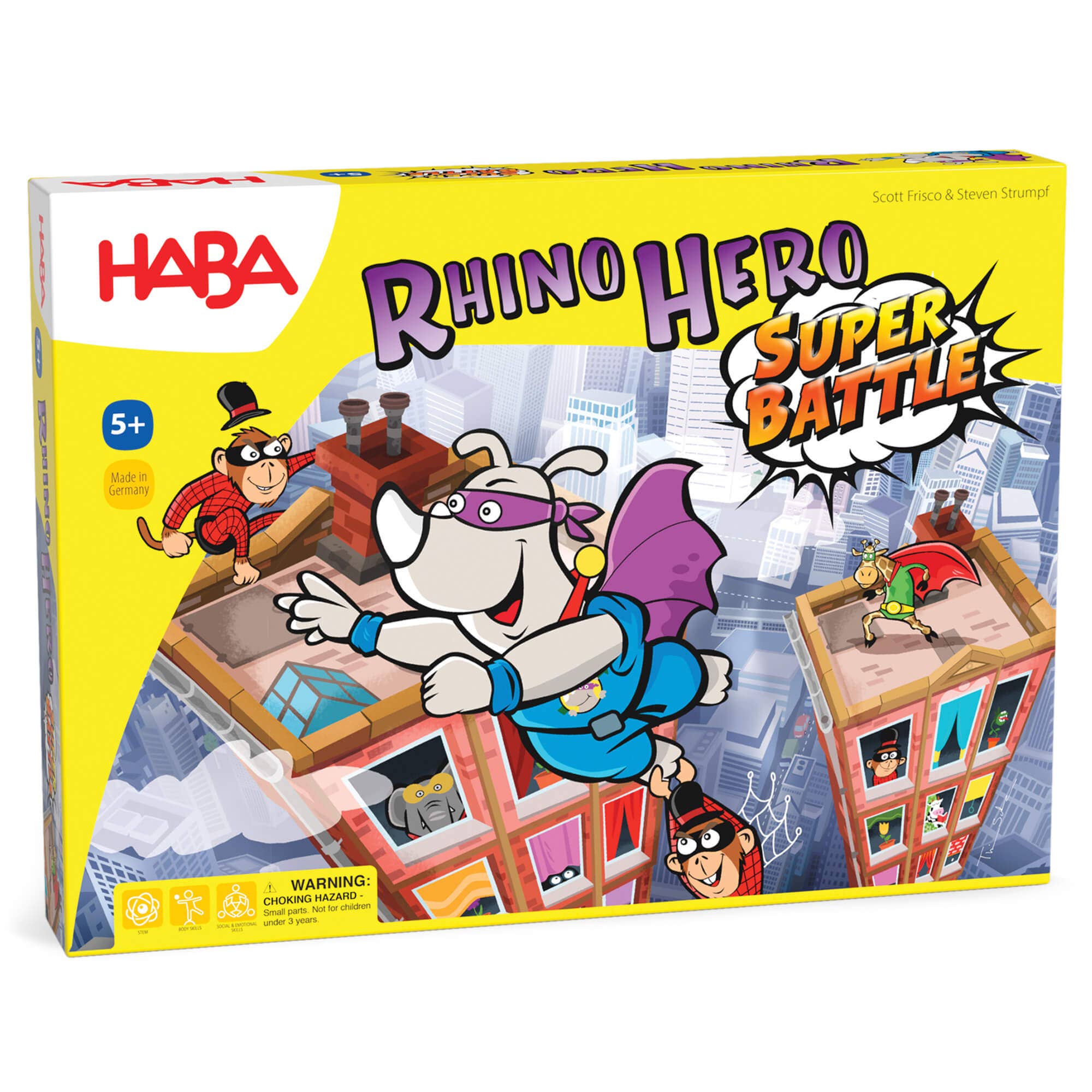 Rhino Hero Tower stacking game by HABA USA featuring colorful wooden superhero characters and a tall, balanced building structure.