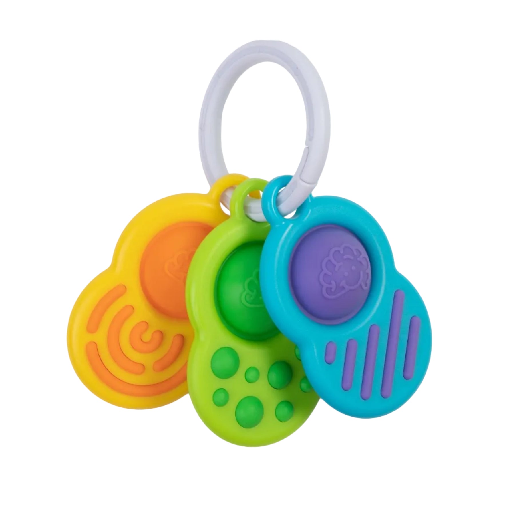 Colorful baby teething ring with different textures on a white background