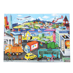 Colorful 20-piece Vehicles puzzle by eeBoo featuring various cars, trucks, and transportation images for children and families.