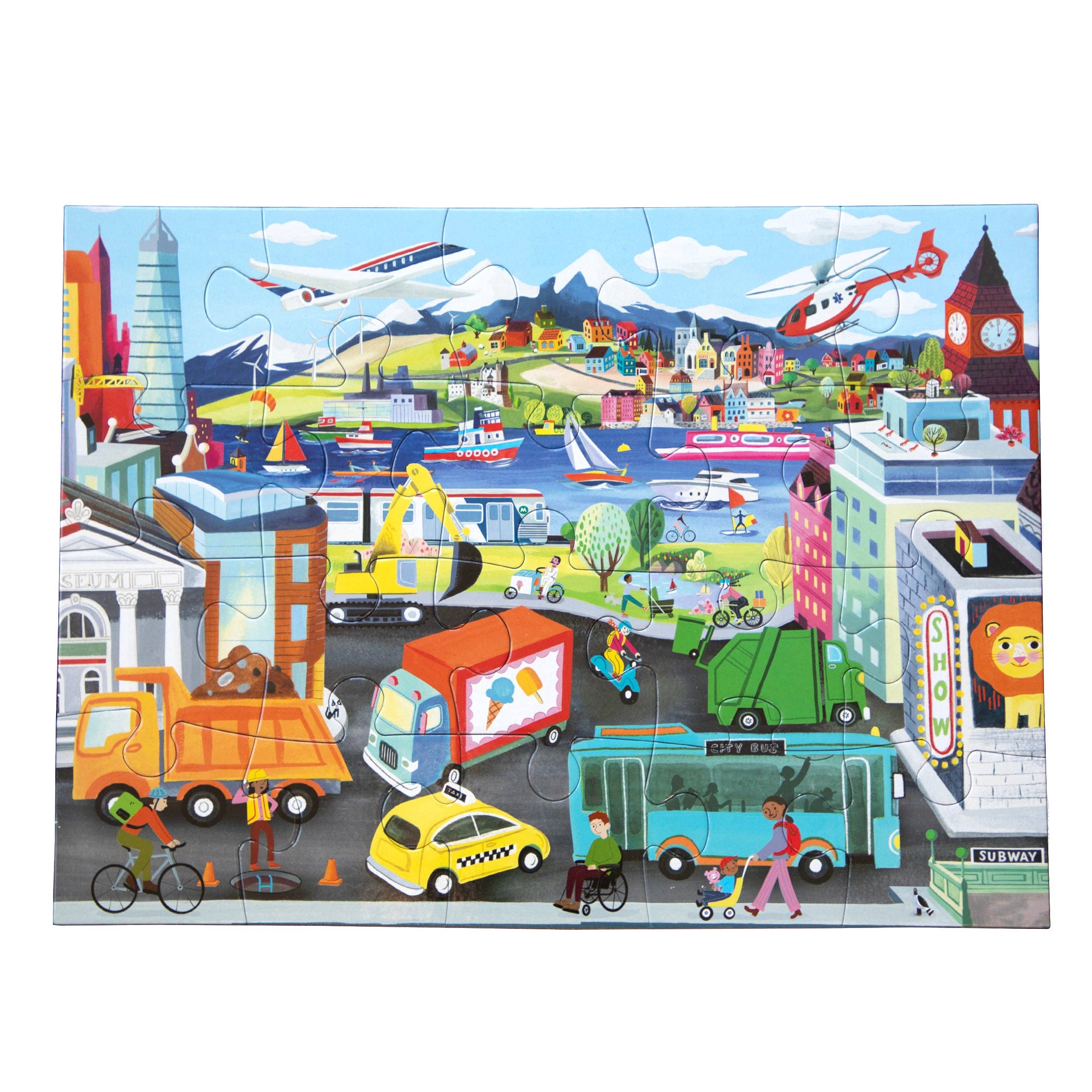 Colorful 20-piece Vehicles puzzle by eeBoo featuring various cars, trucks, and transportation images for children and families.