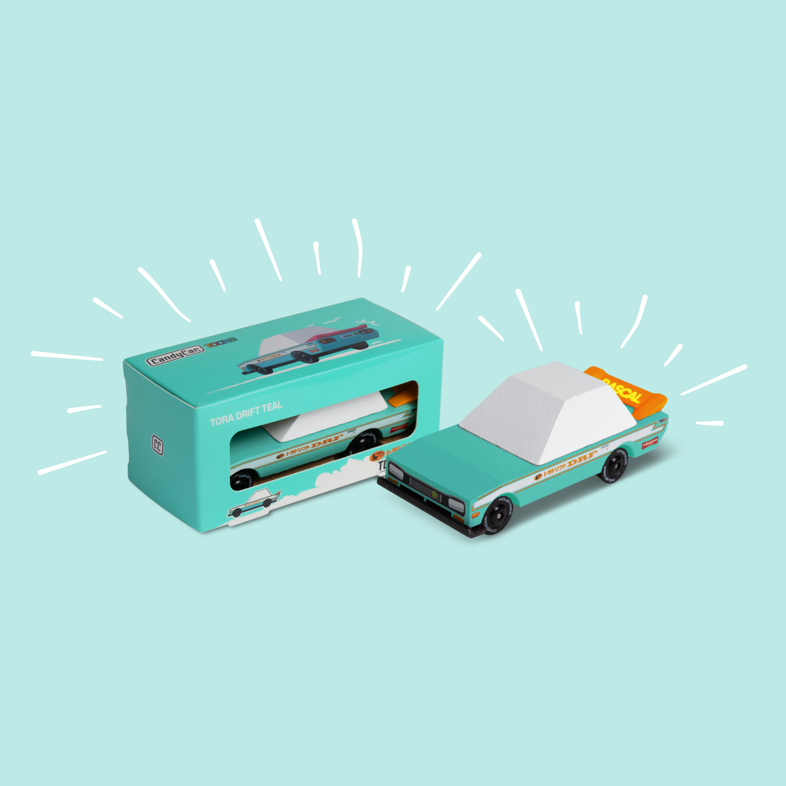Candylab Toys Tora Drift Teal TOONS™ car, colorful die-cast toy vehicle from Cars and Trucks collection, designed for kids.