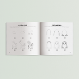 Open art book titled "How to Draw Magical Things" by Paige Tate & Co. featuring colorful illustrations and drawing tips.