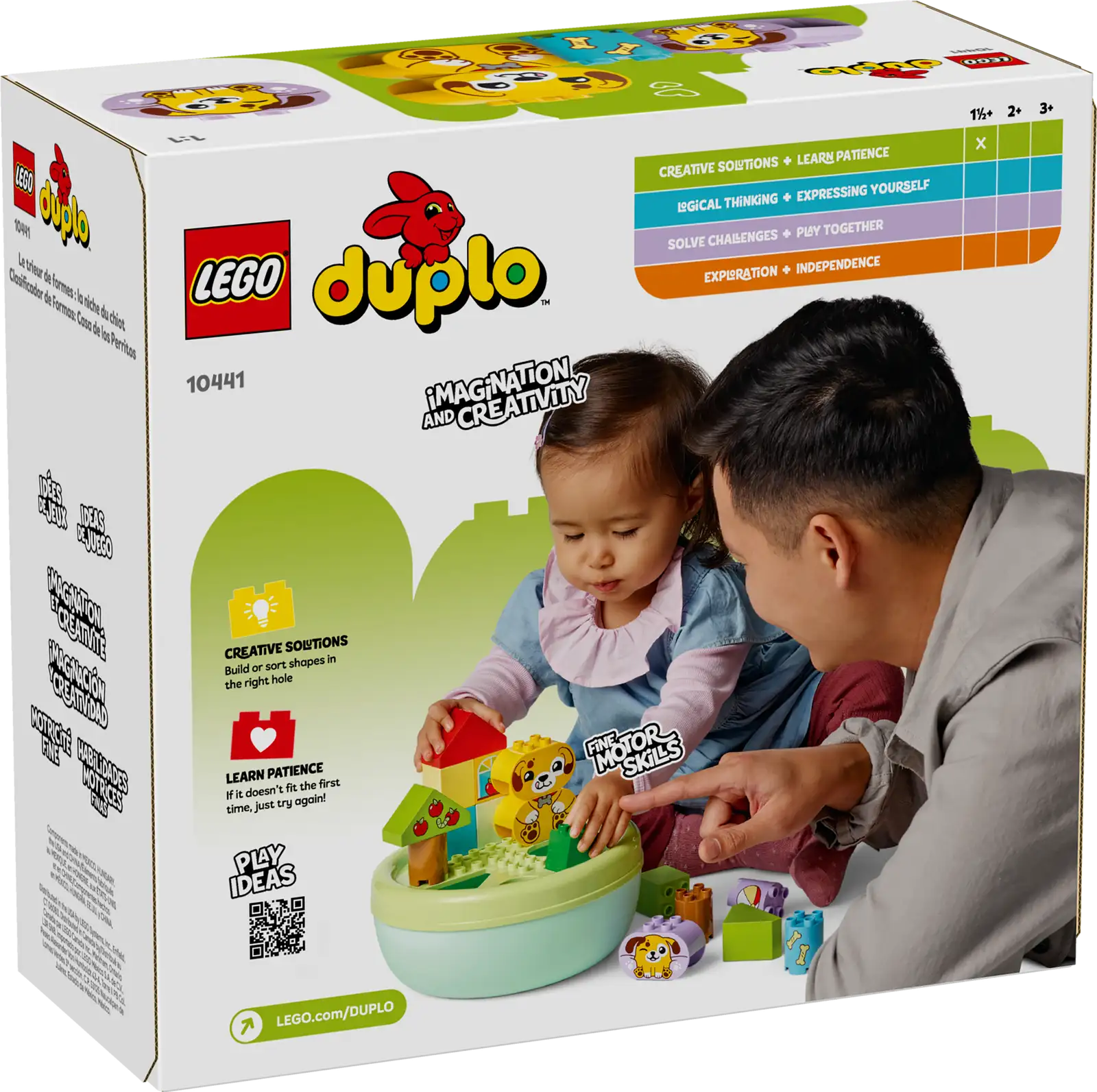 LEGO DUPLO shape sorter building set featuring a puppy house with colorful blocks and a smiling puppy figure for young children.