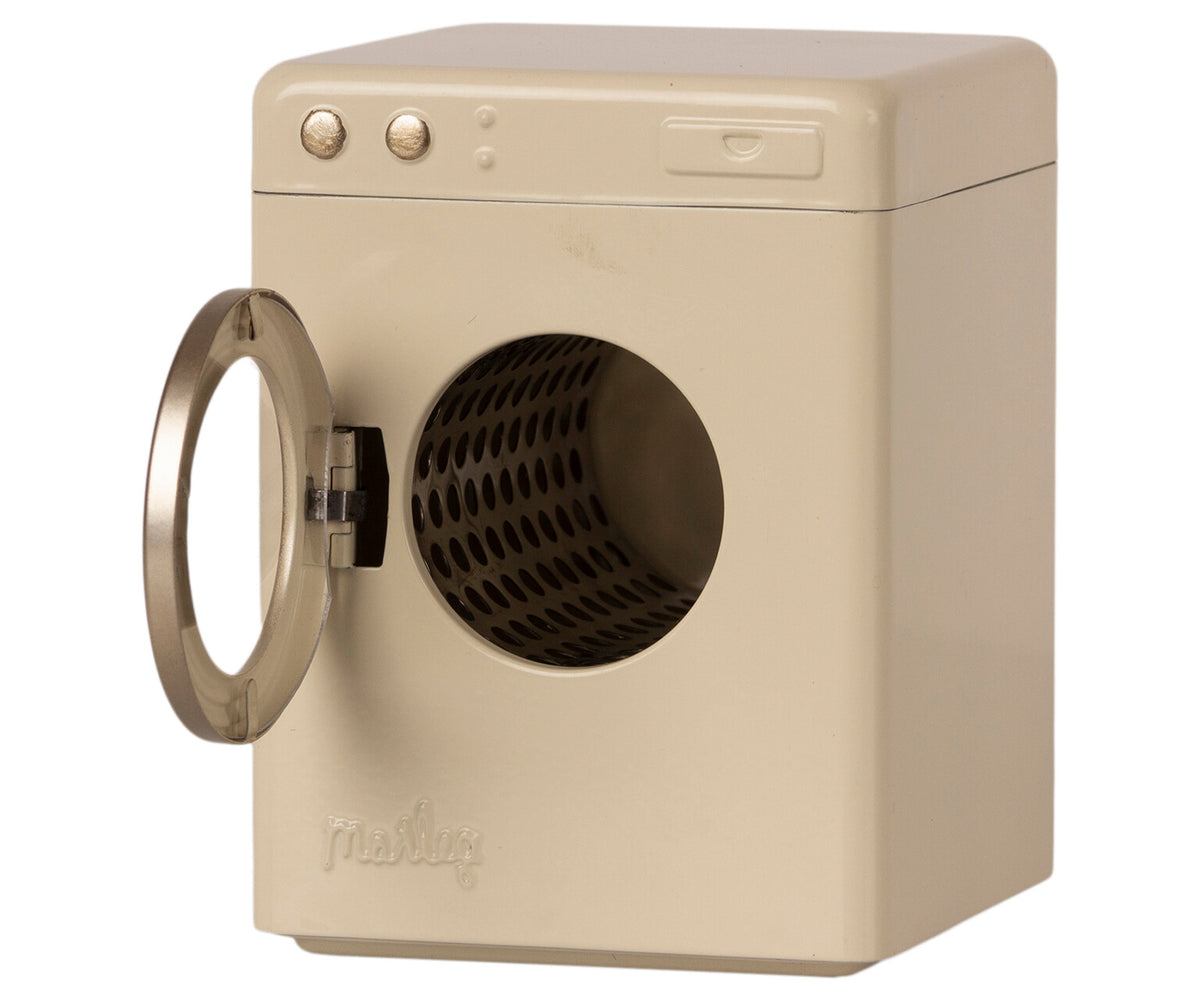Maileg dollhouse washing machine with detailed white and blue design, perfect for pretend play in dollhouse furniture.