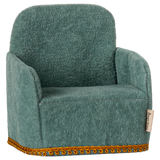 Maileg Mouse Cozy Chair for doll houses, soft fabric furniture piece with detailed design, perfect for Maileg doll accessories.