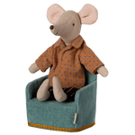Maileg Mouse Cozy Chair for doll houses, small mouse figurine furniture, detailed miniature pink fabric with white polka dots.
