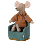 Maileg Mouse Cozy Chair for doll houses, small mouse figurine furniture, detailed miniature pink fabric with white polka dots.