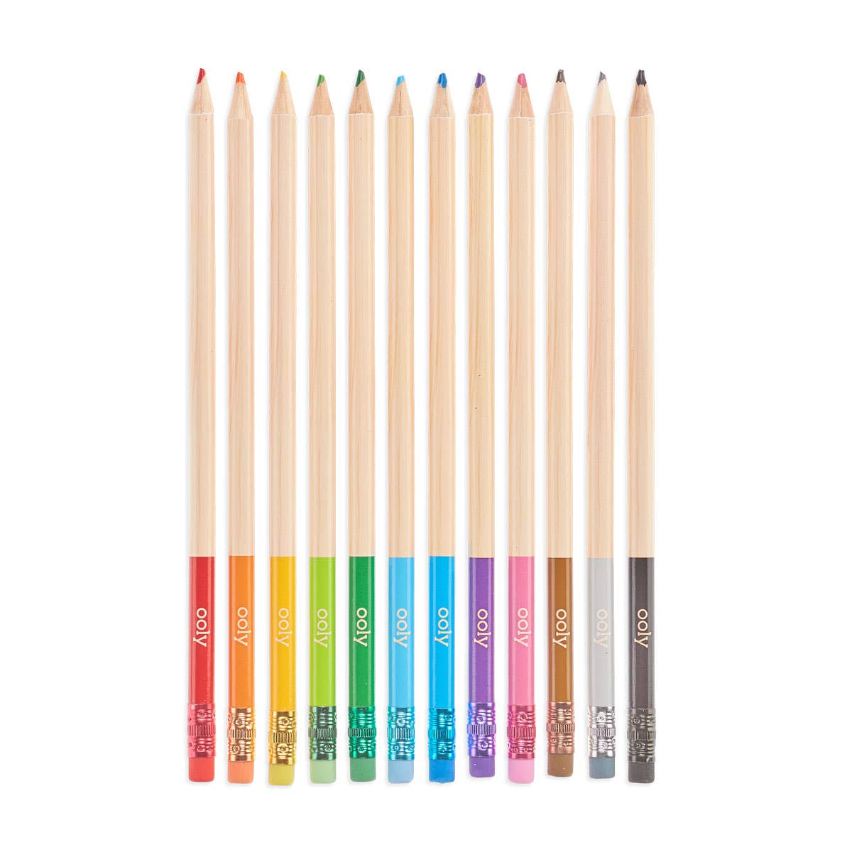 OOLY Erasable Colored Pencil Set for arts and crafts, featuring vibrant, erasable colored pencils arranged in a neat set.