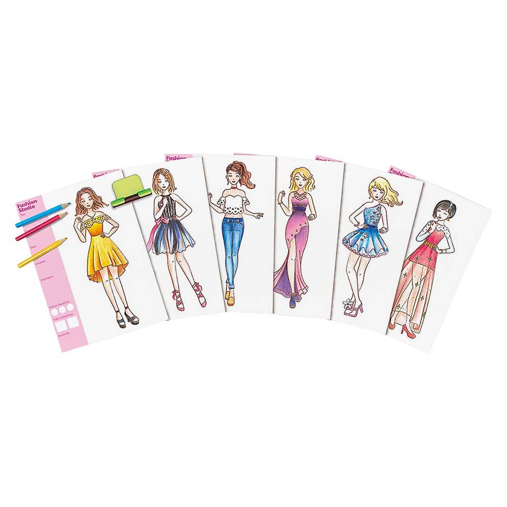 KidzMaker Fashion Design Portfolio from The Toy Network featuring colorful arts and crafts supplies and design templates for kids.