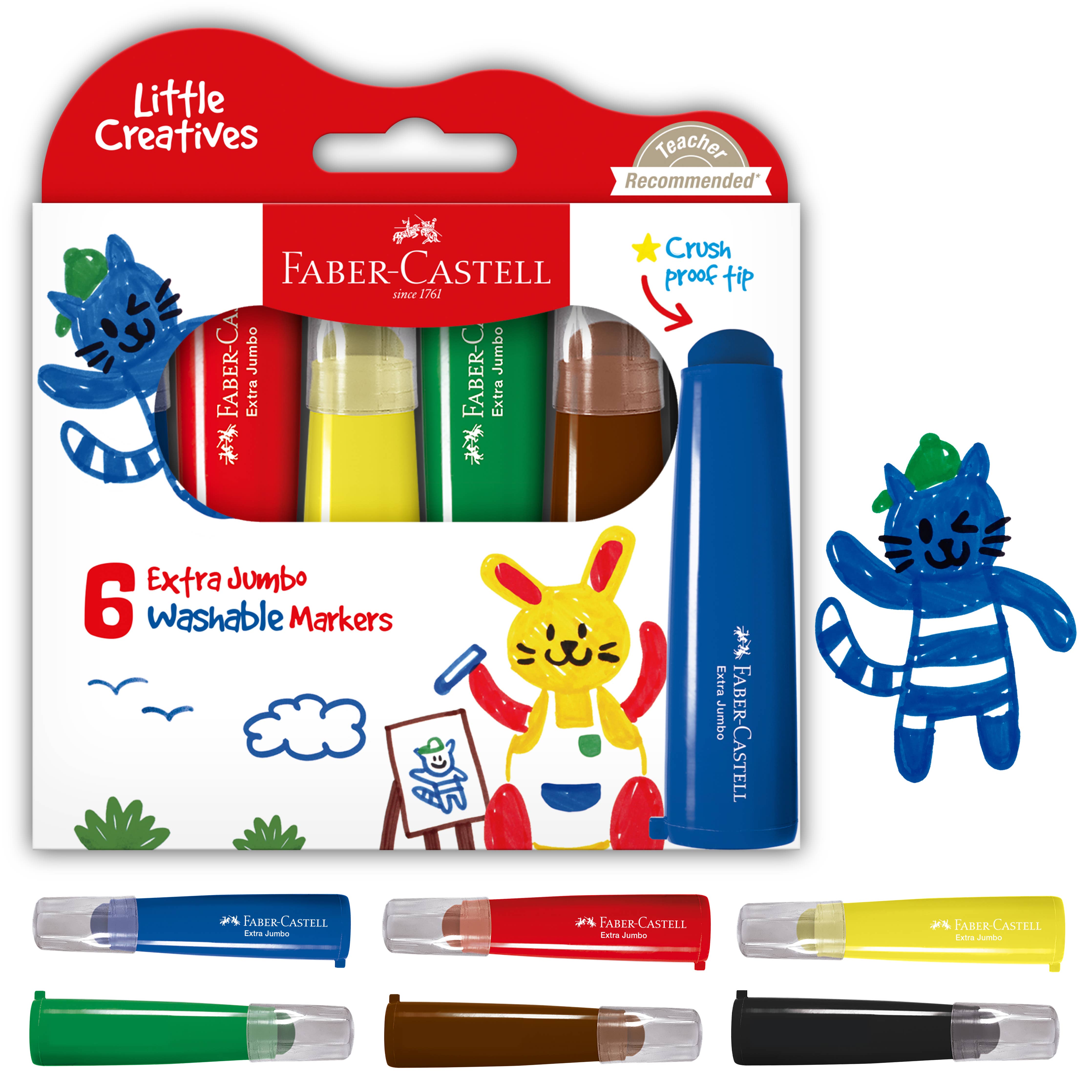 Faber-Castell Jumbo Ultra Washable Markers for arts and crafts, featuring bright colors and thick tips suitable for young artists.