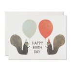 Colorful Party Squirrels birthday card by Red Cap Cards featuring playful squirrel illustrations on high-quality stationery.