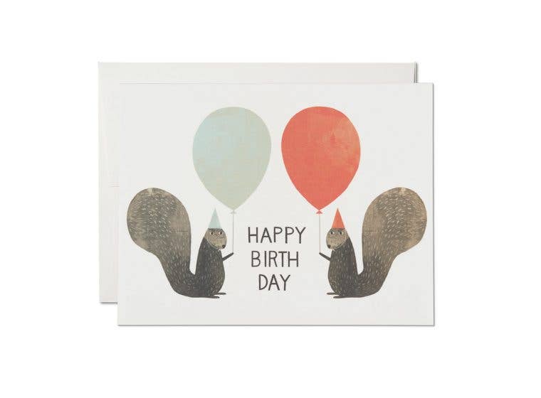 Colorful Party Squirrels birthday card by Red Cap Cards featuring playful squirrel illustrations on high-quality stationery.