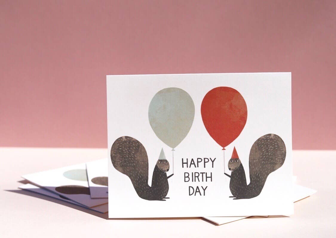 Colorful Party Squirrels birthday card by Red Cap Cards, featuring playful squirrel illustrations on stationery for celebrations.