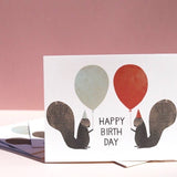 Colorful Party Squirrels birthday card by Red Cap Cards, featuring playful squirrel illustrations on stationery for celebrations.