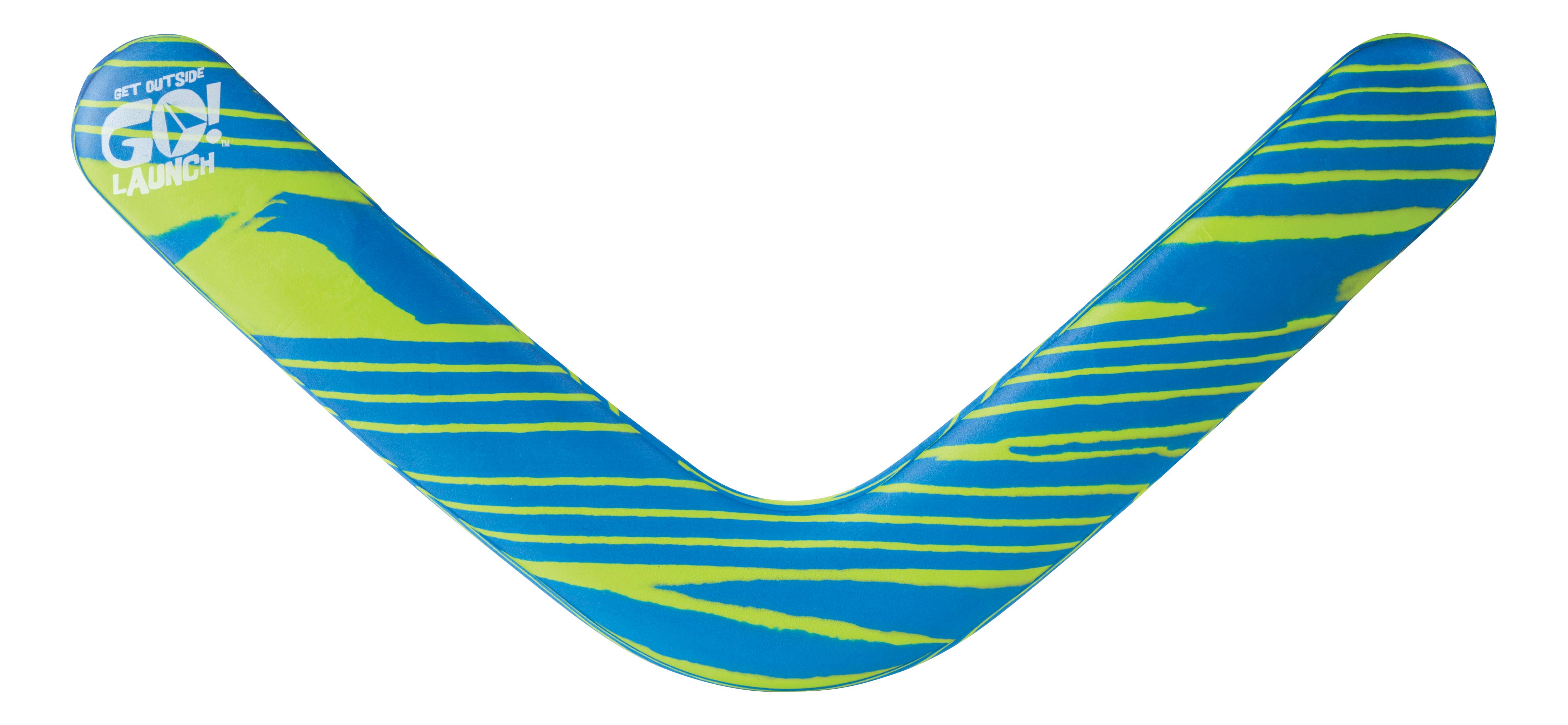 Toysmith outdoor boomerang flying through the air against a clear sky, demonstrating its outdoor recreational use.