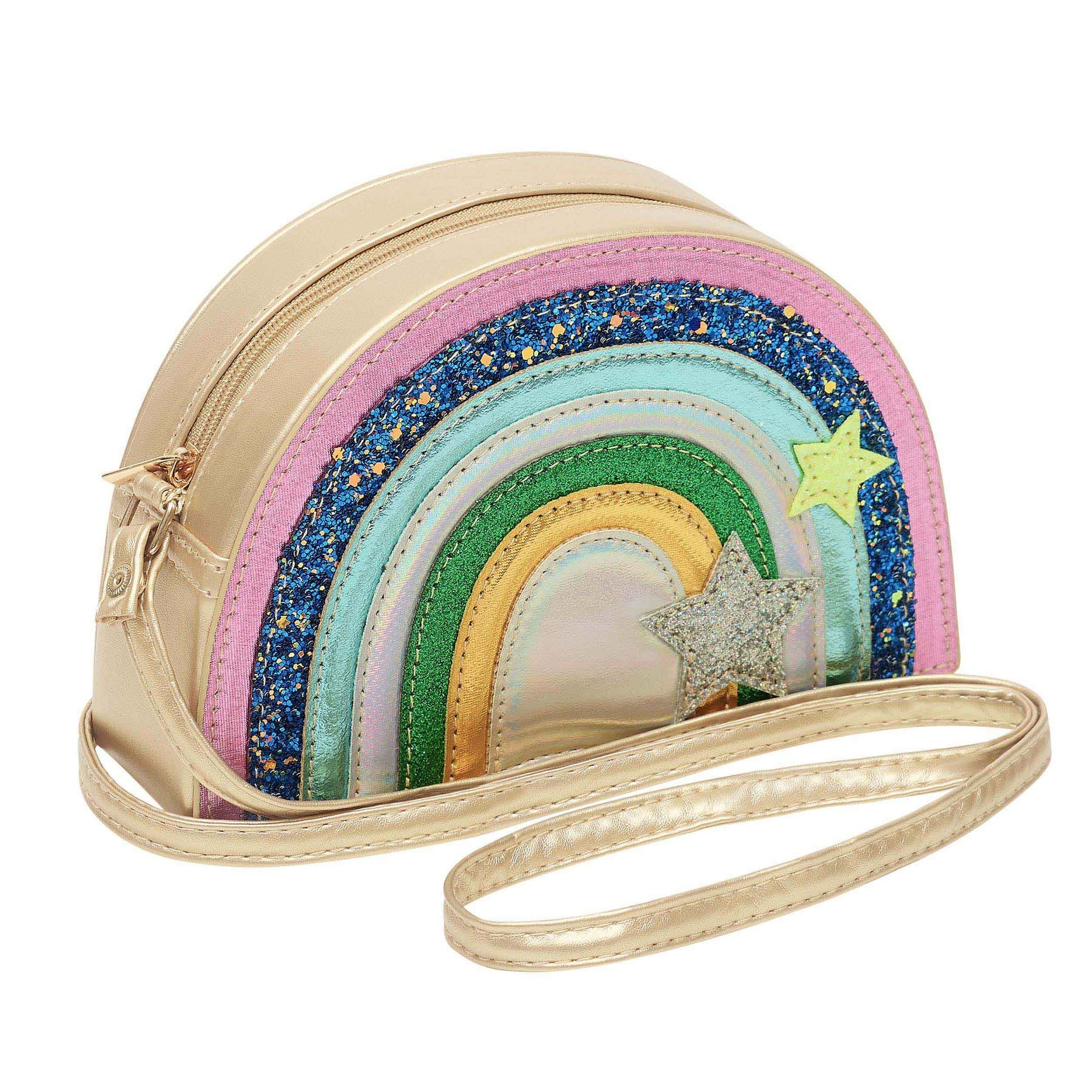 Kids glitter rainbow purse by Mimi & Lula, colorful accessories with a sparkling rainbow design and unicorn details.