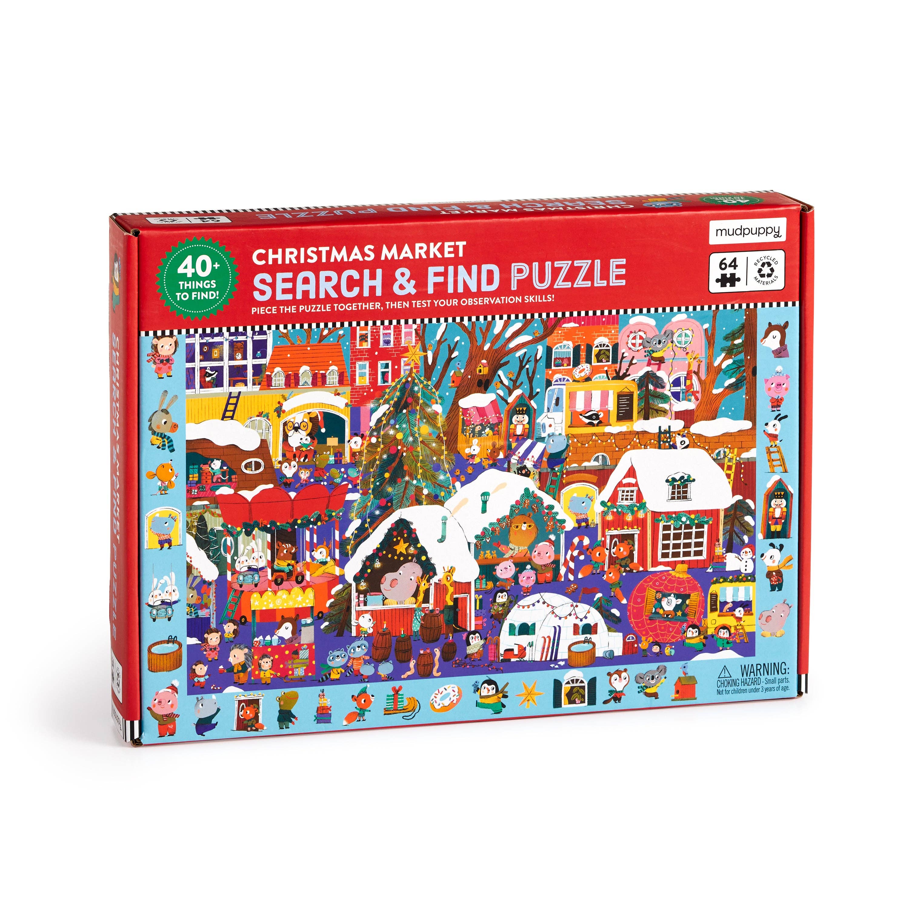 Christmas market search and find puzzle packaging with colorful design