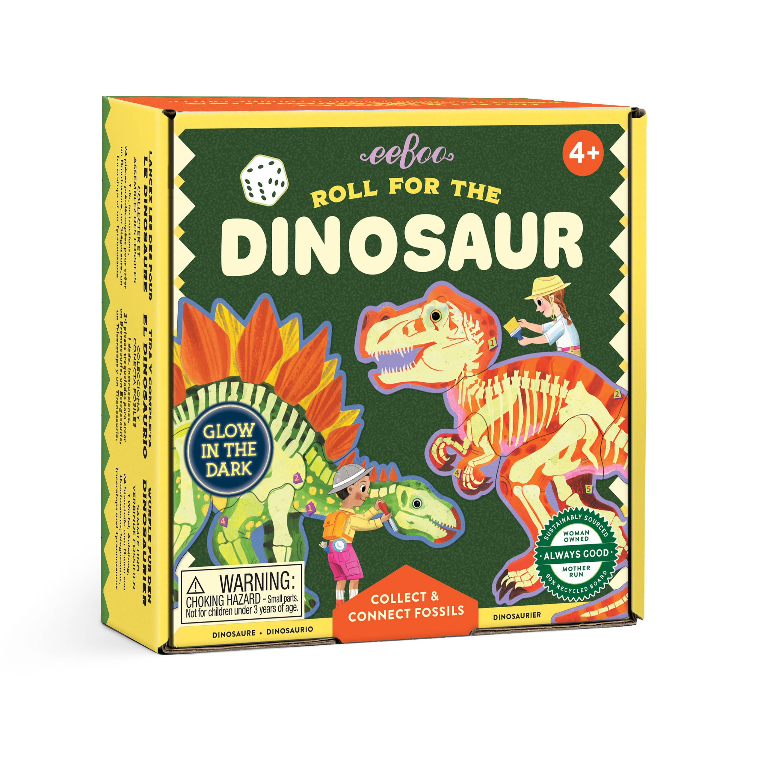 eeBoo Dinosaur Dice Game roll with colorful dinosaur-themed dice on a game board for kids and family fun.