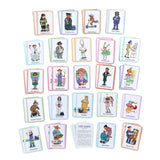 EeBoo Old Maid card game with illustrated vintage-style cards, featuring colorful images of characters and symbols on each card.
