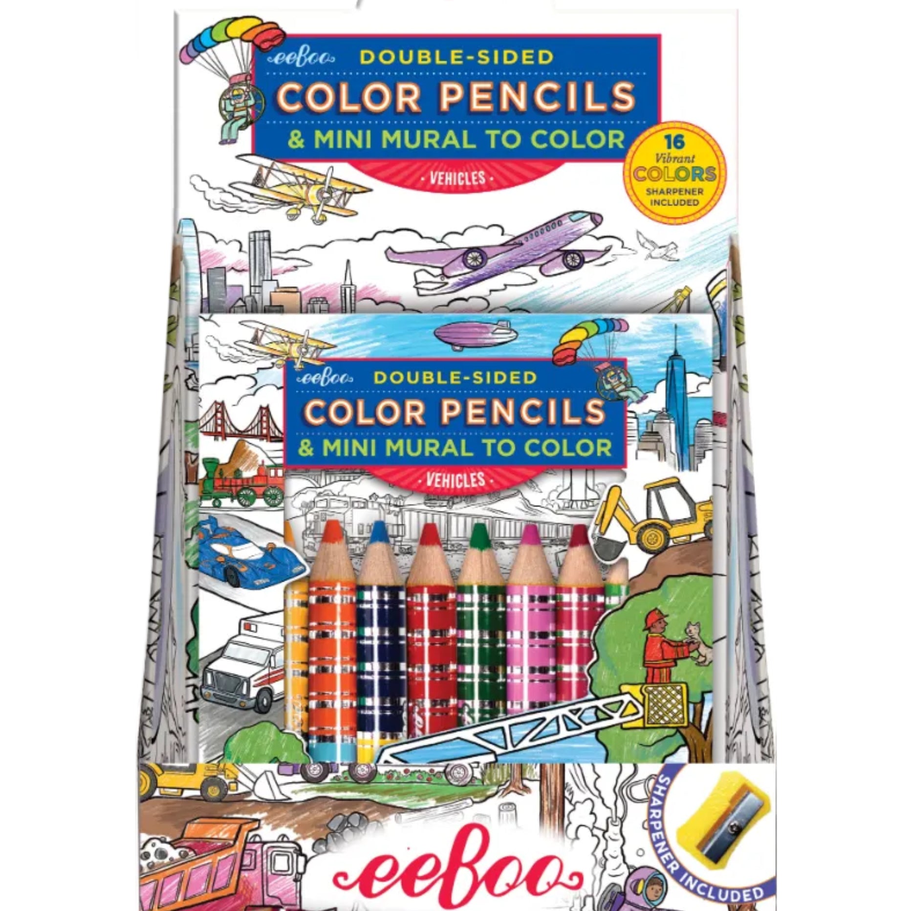 eeBoo double-sided colored pencils and vehicle mural arts and crafts set, featuring vibrant colored pencils and vehicle-themed mural designs.