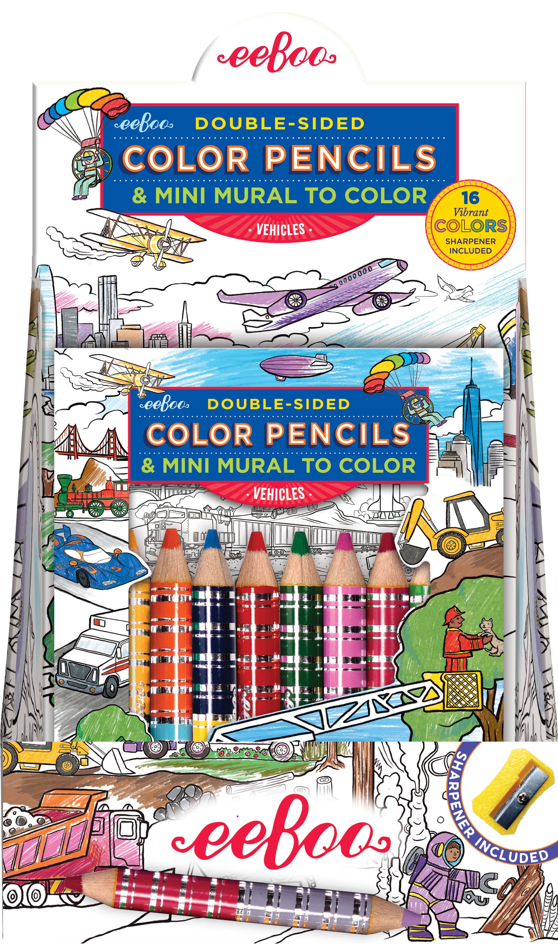 eeBoo double-sided colored pencils and vehicle mural arts and crafts set, featuring vibrant colored pencils and vehicle-themed mural designs.