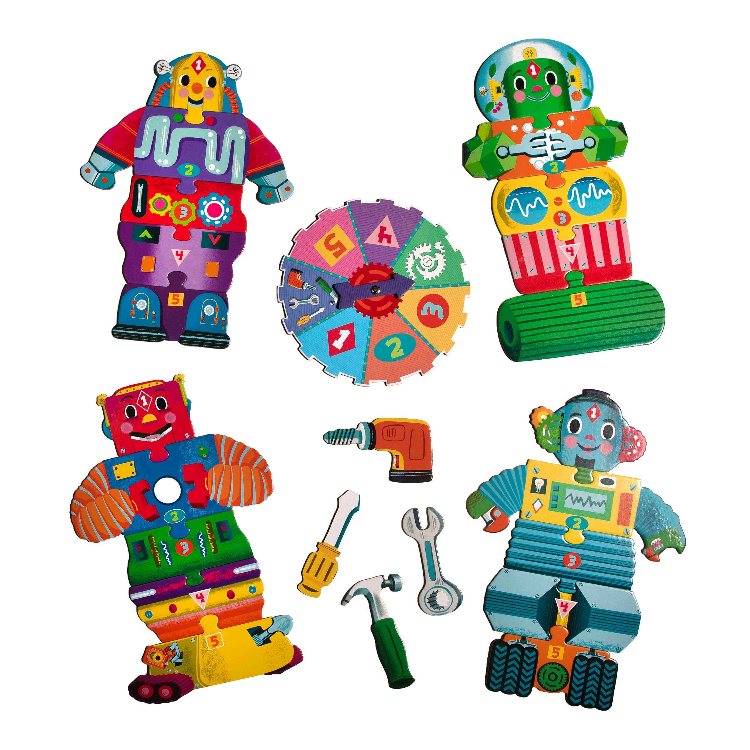 eeBoo Build A Robot Spinner Game featuring colorful robot parts and a spinning game component for kids' educational fun