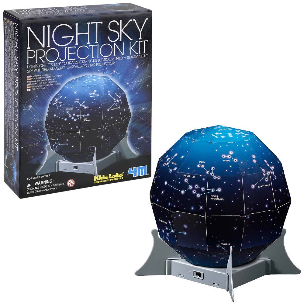 Kidzlabs Night Sky Projector from The Toy Network displaying star and moon images on a child's bedroom ceiling.