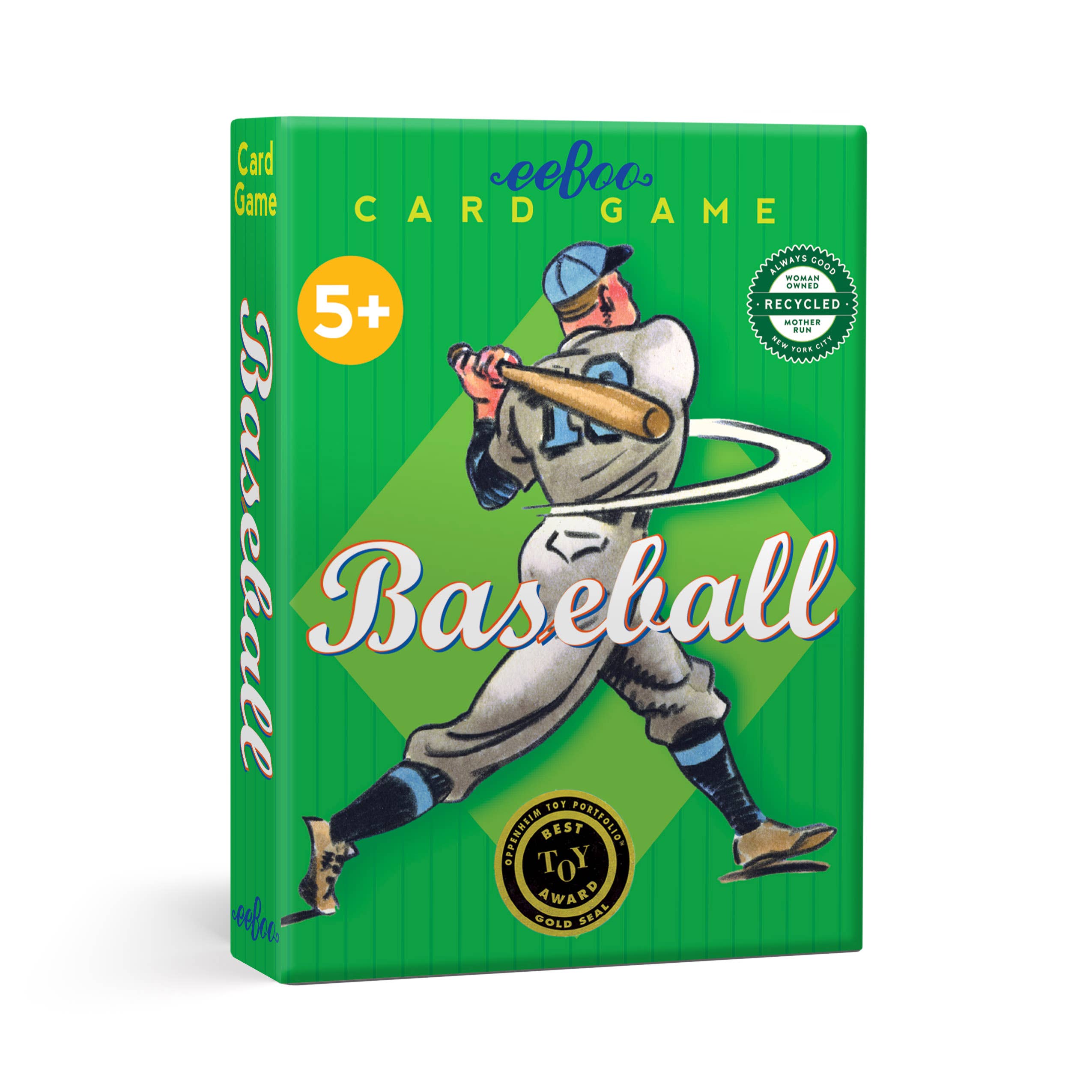 EeBoo baseball card game with colorful playing cards spread out on a surface, showcasing various illustrated sports cards.