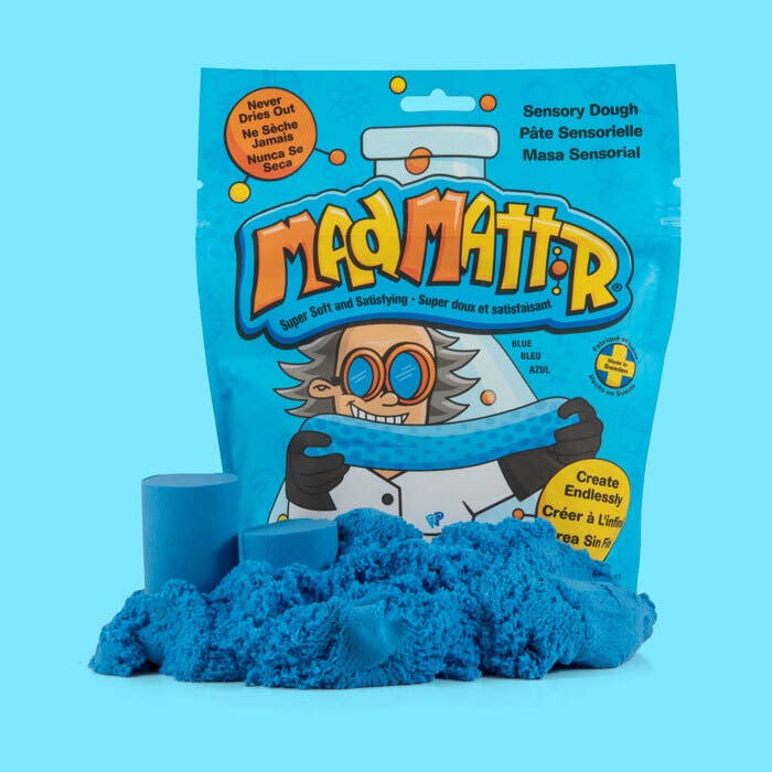 Mad Mattr Blue Quantum sensory toy pack featuring soft, moldable blue clay in a resealable container for tactile play and stress relief.