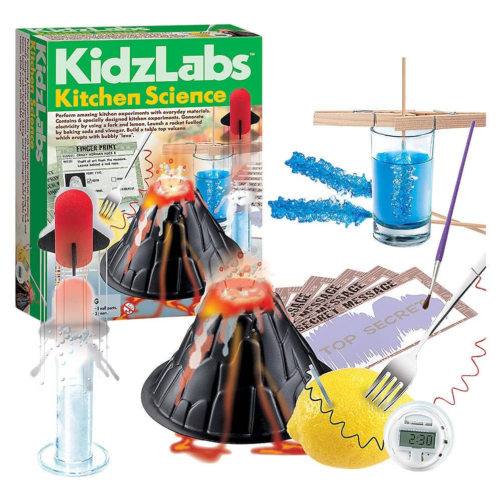 KidzLabs Kitchen Science Kit by The Toy Network featuring colorful science tools and ingredients for fun STEM experiments.