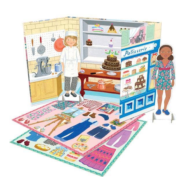 Baker & Painter Paper Doll from eeBoo arts and crafts set featuring colorful paper doll with artist-themed clothing and accessories.
