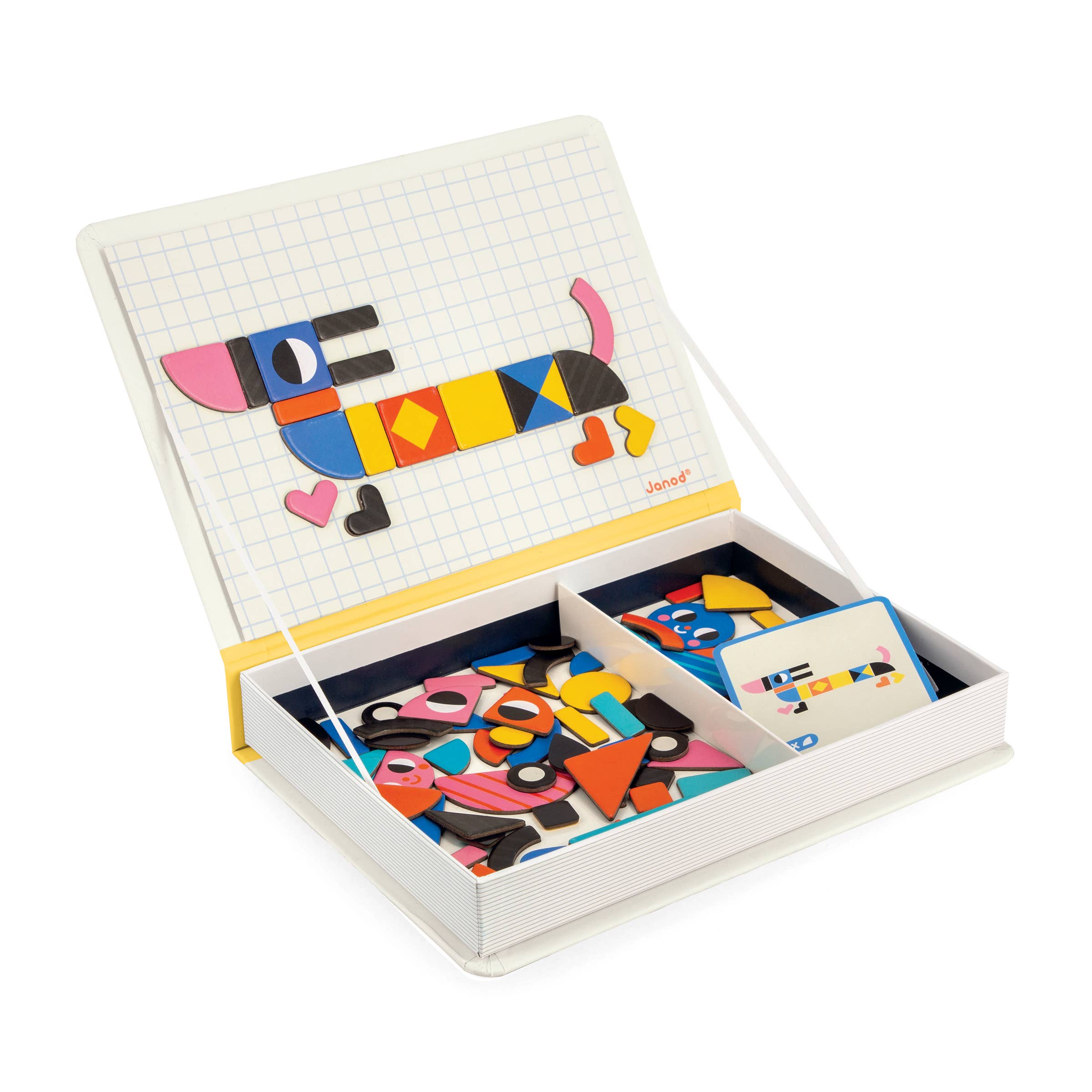 Colorful Geometric Magneti'book building set by Janod featuring magnetic geometric shapes on a white background.
