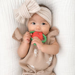 Baby Itzy Ritzy Strawberry Chew Crew Teether with soft, colorful silicone design for soothing teething relief.